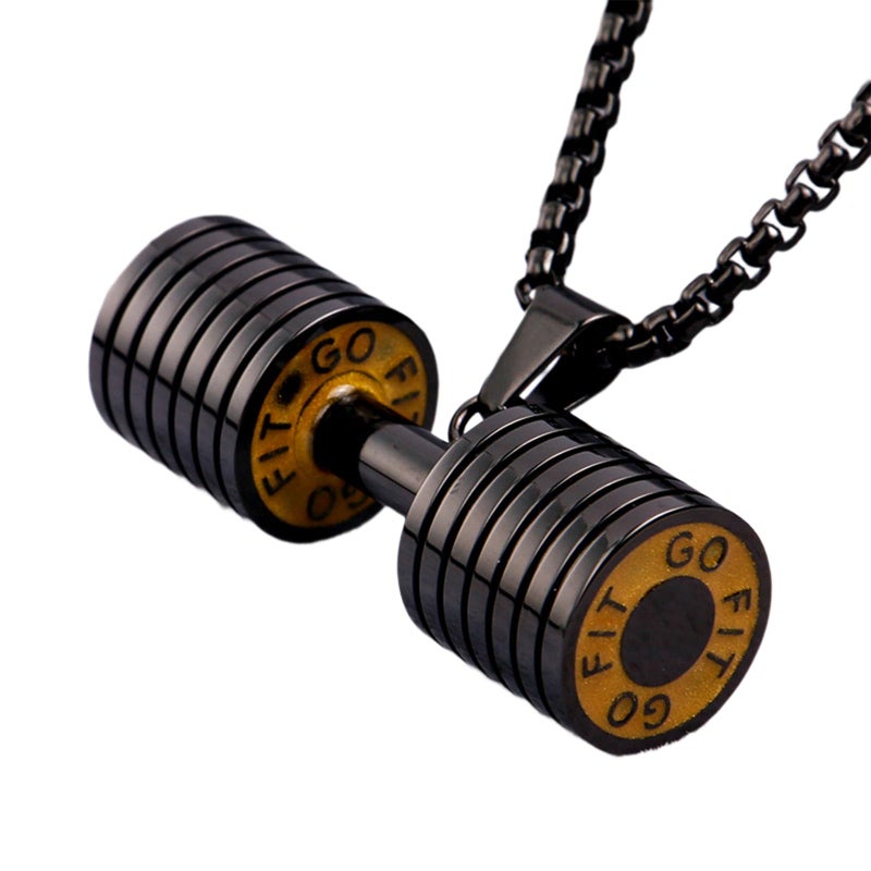 JAJAFOOK Men's Dumbbell Pendant Necklace, Solid 316L Stainless Steel, Fitness Bodybuilding Gym Jewelry, Sweat-Resistant Workout Accessory with 24 Inch Chain Black - Image 1
